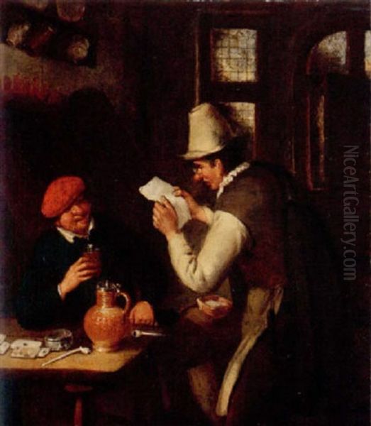 A Tavern Interior With A Man Drinking An Another Reading A Letter Oil Painting by Cornelis Dusart