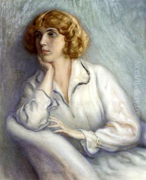 Portrait Of A Young Woman In White Oil Painting by Eduard Adrian Dussek