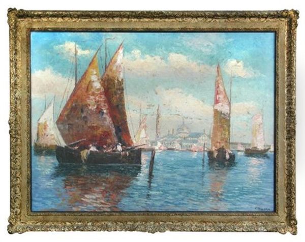 Sailing Boats On The Lagoon, Venice Oil Painting by Charles Duval
