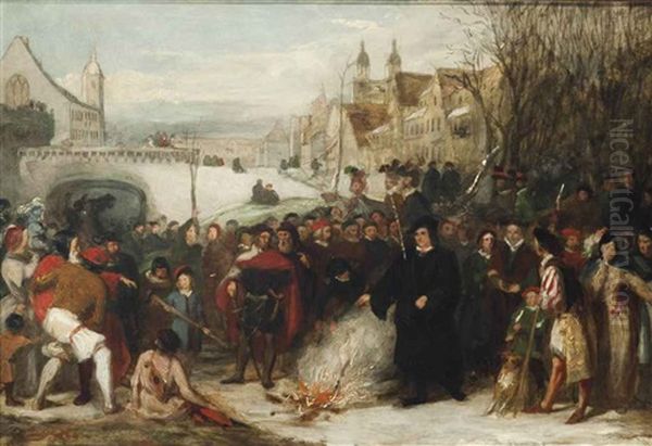 Martin Luther Burning The Papal Bulls Oil Painting by Duval, Charles Allen