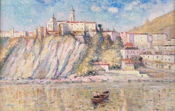 Castle Over River Oil Painting by Leon Duval-Gozlan