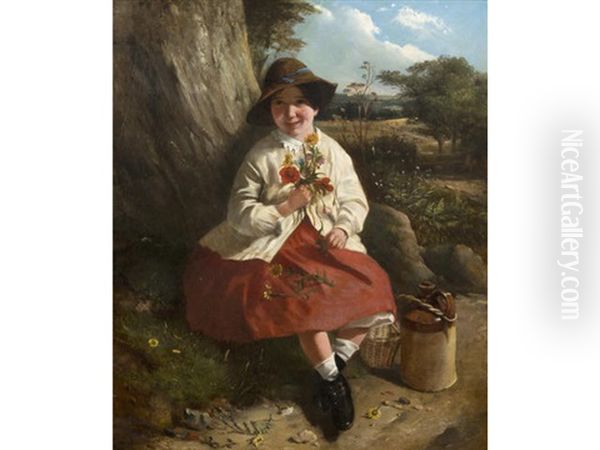 Young Girl Seated With Flowers In A Summer Landscape Oil Painting by John Duvall