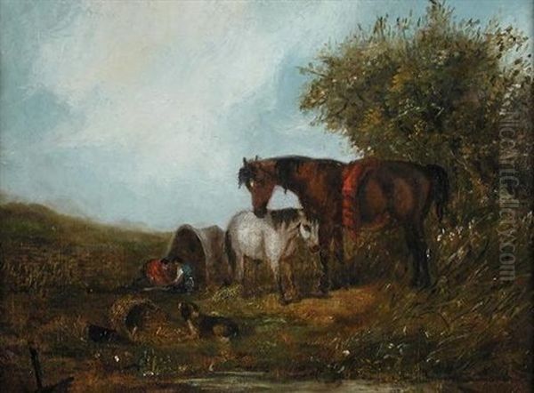 A Gypsy Encampment With A Bay And A Grey Pony, A Spaniel Alongside Oil Painting by John Duvall