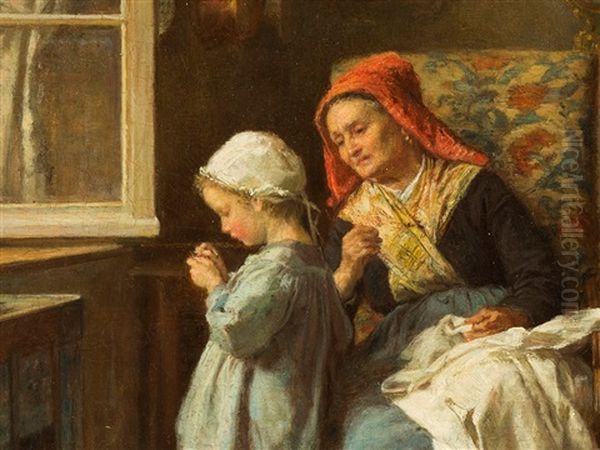 Threading The Needle Oil Painting by Duverger, Theophile Emmanuel
