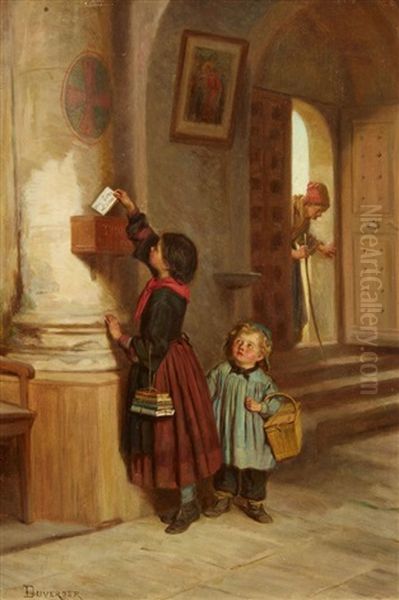 Au Bon Dieu - Two Children With A Prayer Sheet Oil Painting by Duverger, Theophile Emmanuel