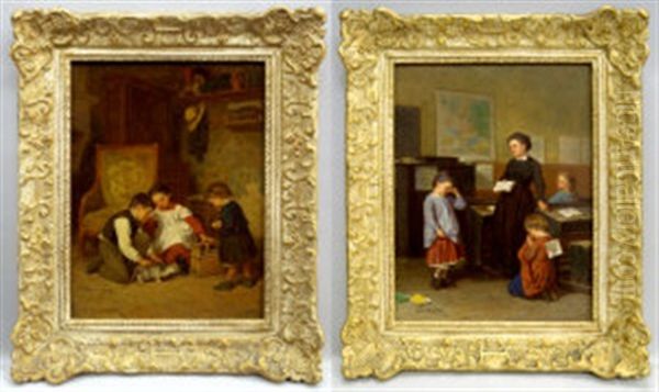 The Mousetrap And The Lesson (2 Works) Oil Painting by Duverger, Theophile Emmanuel