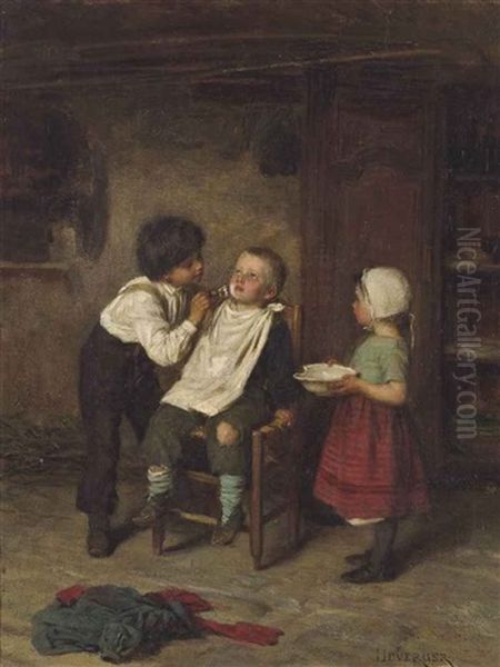 The First Shave Oil Painting by Duverger, Theophile Emmanuel