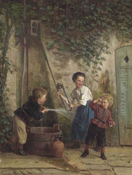 Playing At The Pump Oil Painting by Duverger, Theophile Emmanuel
