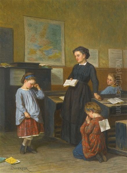 La Lecon; Le Chat (pair) Oil Painting by Duverger, Theophile Emmanuel