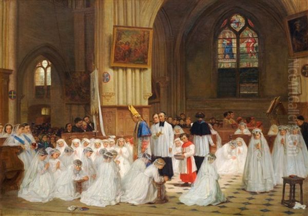 Figures Being Confirmed In A Cathedral Oil Painting by Duverger, Theophile Emmanuel