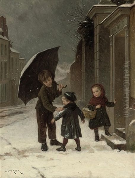 In Time For School Oil Painting by Duverger, Theophile Emmanuel