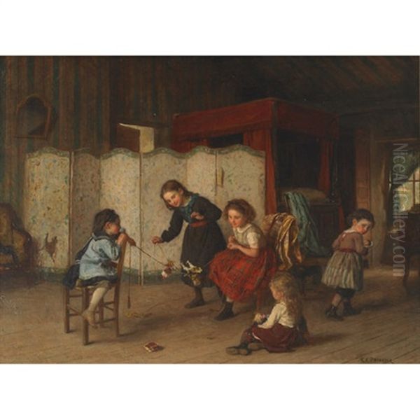 Young Children At Play Oil Painting by Duverger, Theophile Emmanuel
