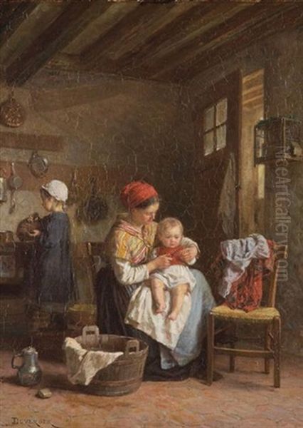 Family In A Sunlit Kitchen Oil Painting by Duverger, Theophile Emmanuel