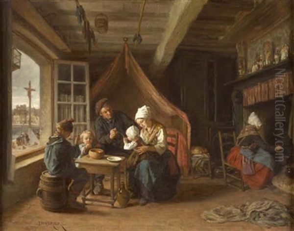 A Fisherman's Familly Oil Painting by Duverger, Theophile Emmanuel