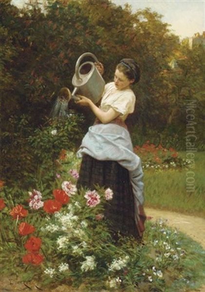Tending The Garden Oil Painting by Duverger, Theophile Emmanuel