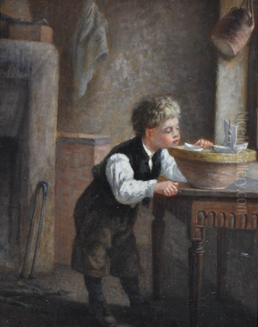Boy Playing With Toy Boats In The Kitchen Oil Painting by Michel Arnoux