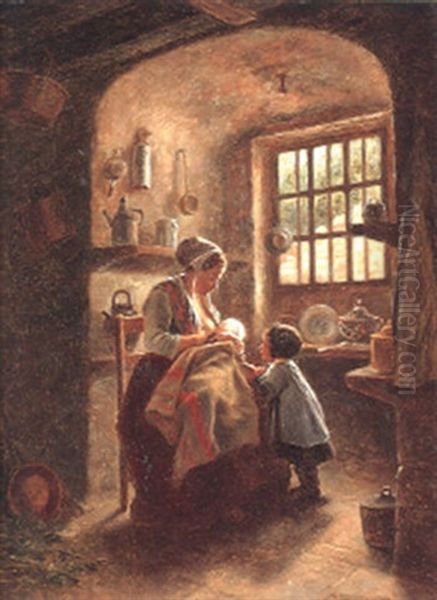 Mother With Her Children In An Interior Oil Painting by Duverger, Theophile Emmanuel