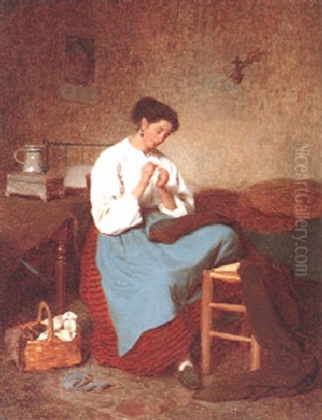 Young Woman Sewing In An Interior Oil Painting by Duverger, Theophile Emmanuel