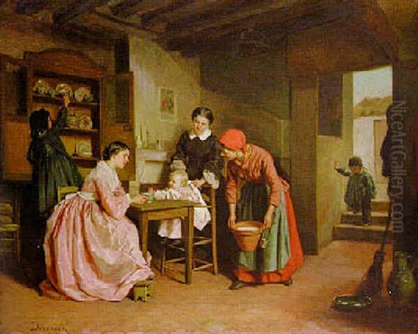 Feeding Baby Oil Painting by Duverger, Theophile Emmanuel