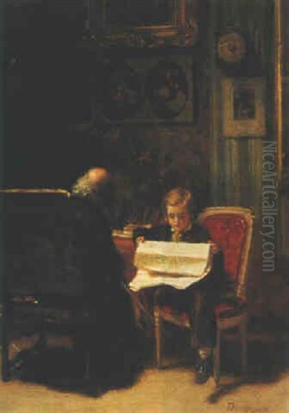 Reading To Grandfather Oil Painting by Duverger, Theophile Emmanuel