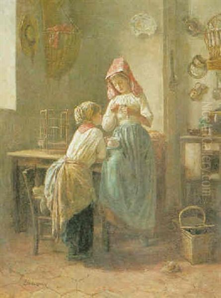 Girls With A Finch In A Kitchen Interior Oil Painting by Duverger, Theophile Emmanuel