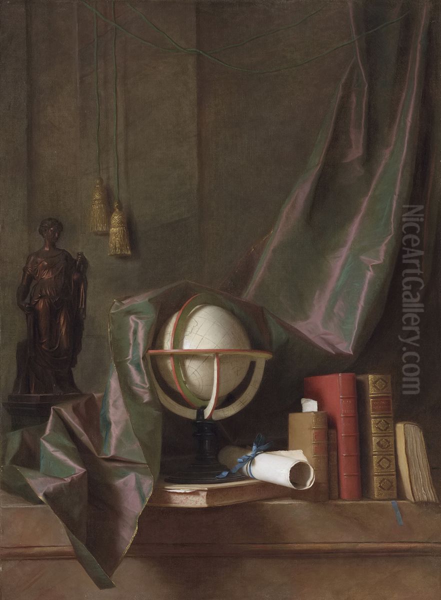 A Globe, Books And Statuette On A Ledge In An Interior, Veiled By A Curtain Oil Painting by Thomas Germain Joseph Duvivier