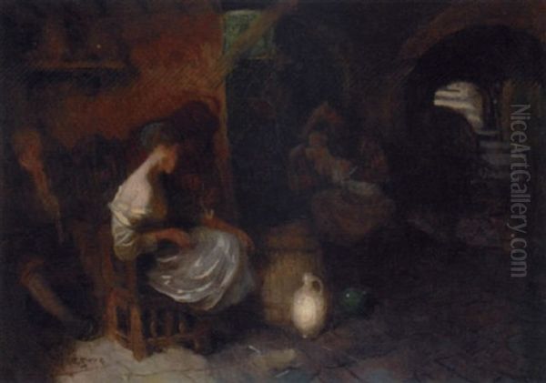 Figures In An Interior Oil Painting by Carl Duxa