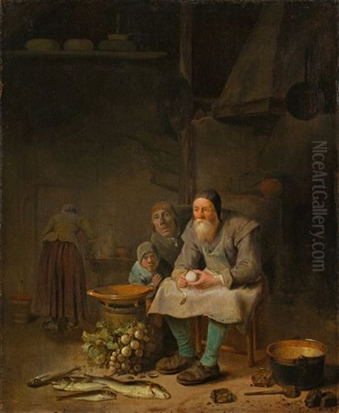 Old Man Peeling Radishes In A Kitchen Oil Painting by Pieter Jacobsz (called Colinchovius) Duyfhuysen
