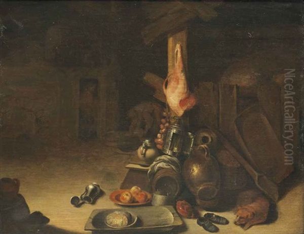 A Barn Interior With A Dog Sleeping Beside Cooking Vessels, A Pair Of Shoes, With A Ham Hanging, Peasants Beyond Oil Painting by Pieter Jacobsz (called Colinchovius) Duyfhuysen