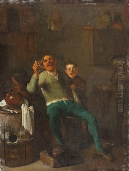Interieur Mit Pfeiferauchendem Mann Mit Kind - Im Hintergrund Ein Mann Mit Mutze Oil Painting by Pieter Jacobsz (called Colinchovius) Duyfhuysen