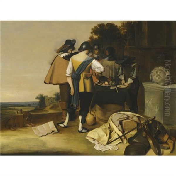 A Group Of Soldiers Resting Beside Classical Remains In A Landscape Oil Painting by Pieter Jacobsz (called Colinchovius) Duyfhuysen
