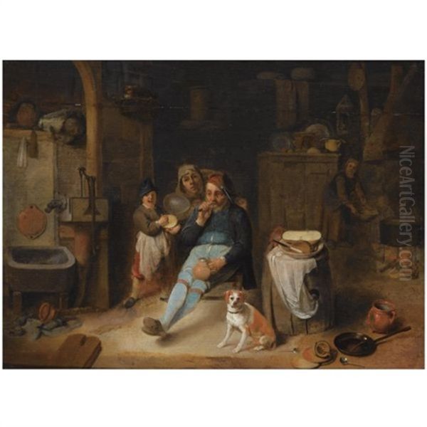 A Barn Interior With A Peasant Seated Holding A Jug, A Young Boy Holding A Rumbling-pot, Other Figures, And A Dog Next To Kitchen Utensils In The Foreground Oil Painting by Pieter Jacobsz (called Colinchovius) Duyfhuysen