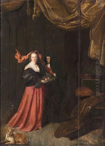 An Interior With A Young Lady Holding A Plate Of Fruit Together With An Elderly Lady And A Dog Resting In The Foreground Oil Painting by Pieter Jacobsz (called Colinchovius) Duyfhuysen