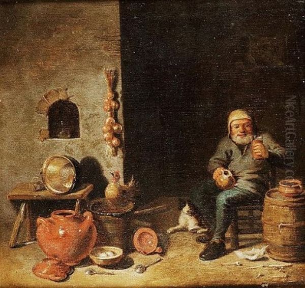 A Toper In A Kitchen Interior Oil Painting by Pieter Jacobsz (called Colinchovius) Duyfhuysen