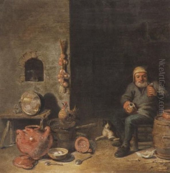 Interieur Mit Einem Trinkenden Bauern Und Steinguttopfen Oil Painting by Pieter Jacobsz (called Colinchovius) Duyfhuysen