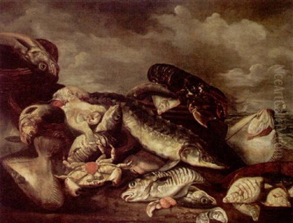 Still Life Of Saltwater Fish In Baskets, Together With A Crab, Oysters And Lobster On A Seashore Oil Painting by Isaac Van Duynen