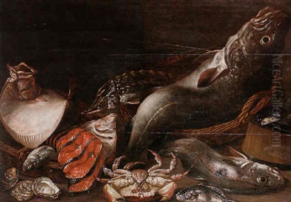 Still Life Of Salt Water Fish In Baskets, Together With A Crab, Oysters And Mussels Oil Painting by Isaac Van Duynen
