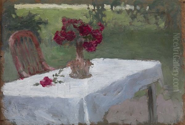 Flowers On The Garden Table (recot) Forest Path (verso) Oil Painting by Tit Yakovlevich Dvornikov