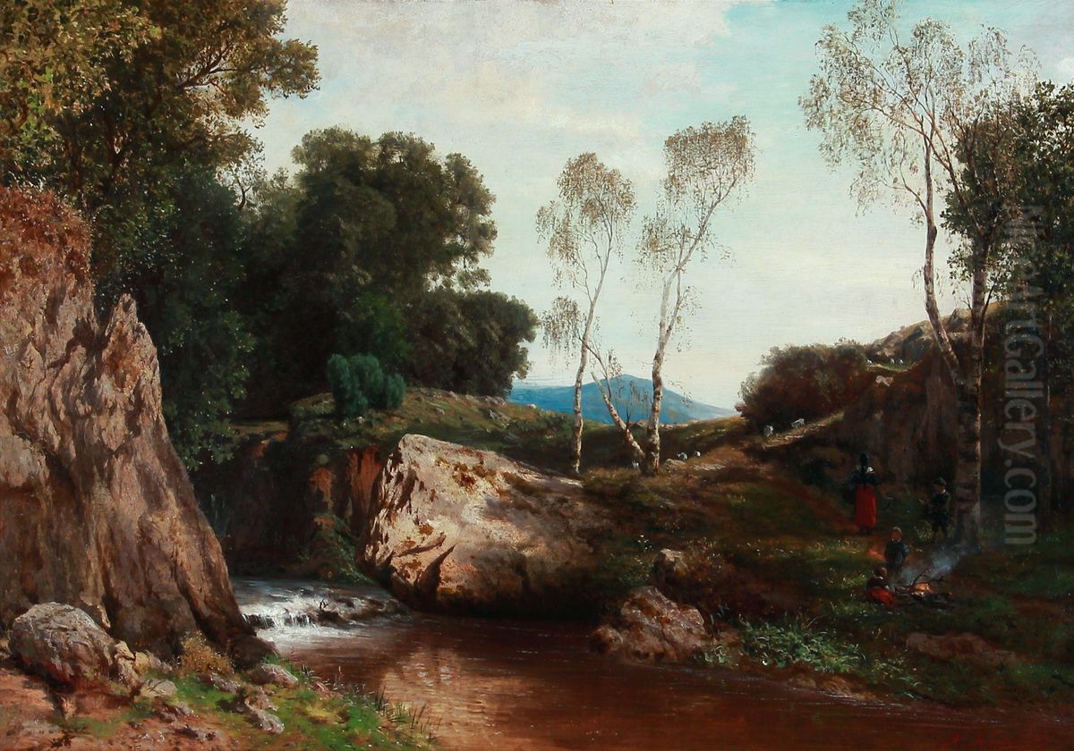 Children At A Stream In The Mountains Oil Painting by Albert Arnz