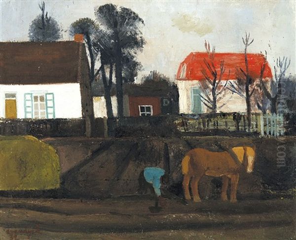 Hoeve Met Paard - De Ploeger Oil Painting by Albert Van Dyck