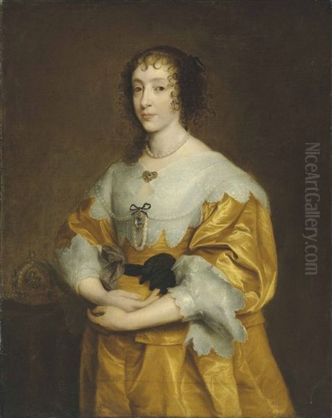 Portrait Of Queen Henrietta Maria (1609-1669), Three-quarter-length, In A Gold Satin Dress And Lace Collar And Cuffs Oil Painting by Sir Anthony Van Dyck