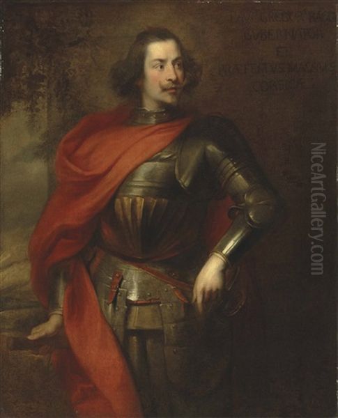 Portrait Of Paolo Gregorio Raggi, Three-quarter-length, In Armour And A Red Cloak, His Left Hand Resting On The Hilt Of His Sword, A Wooded Landscape Beyond Oil Painting by Sir Anthony Van Dyck