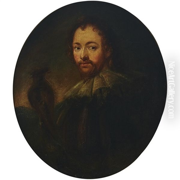 Portrait Of A Gentleman Half-length, To The Left Wearing A Black Cloak With Lace Ruff, Holding A Falcon At His Left, In A Landscape At Dusk Oil Painting by Sir Anthony Van Dyck