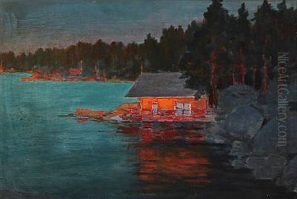 Bathing House At A Forest Lake In The Evening Sun Oil Painting by Konstantin Vikent'evich Dydyshko