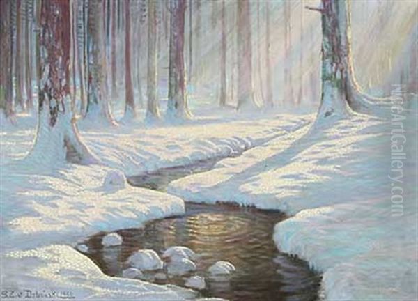 Bachlauf Im Von Sonne Erhellten Winterwald Oil Painting by Sixtus Z. von Dzbanski