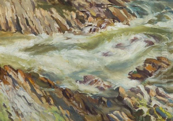 Torrent In The Mountains Oil Painting by Jan Kazimierz Dzielinski