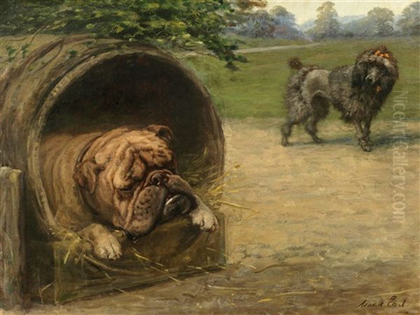 A British Bulldog And A French Poodle Oil Painting by Maud Earl