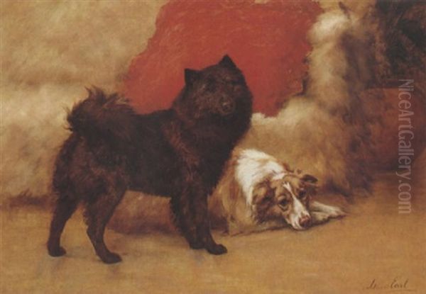 A Black Chow And A Collie Oil Painting by Maud Earl