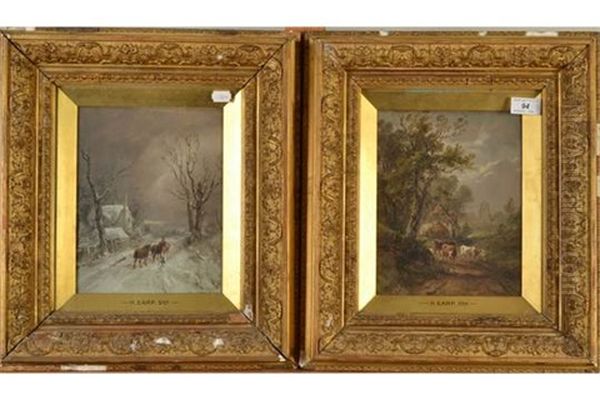 Cattle On A Country Lane/horses On A Snowy Lane (a Pair) Oil Painting by Henry Earp