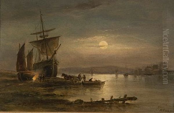 Moonlit Harbor Scene With Suspension Bridge To The Rear Oil Painting by Henry Earp